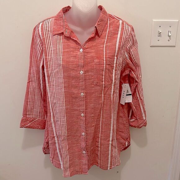 Dash Coral 3/4 Sleeve Roll Tab Button Front Woven Shirt Small S NWT - Picture 1 of 6